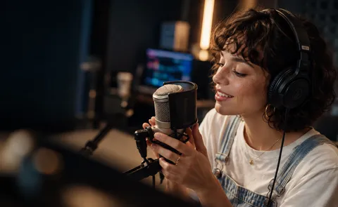 Podcasteuse avec un casque devant un microphone